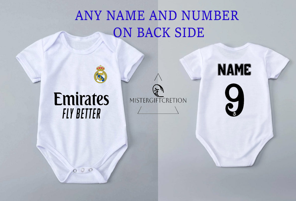 real Madrid body del bebe, personalízalo real Madrid con el nombre del bebe