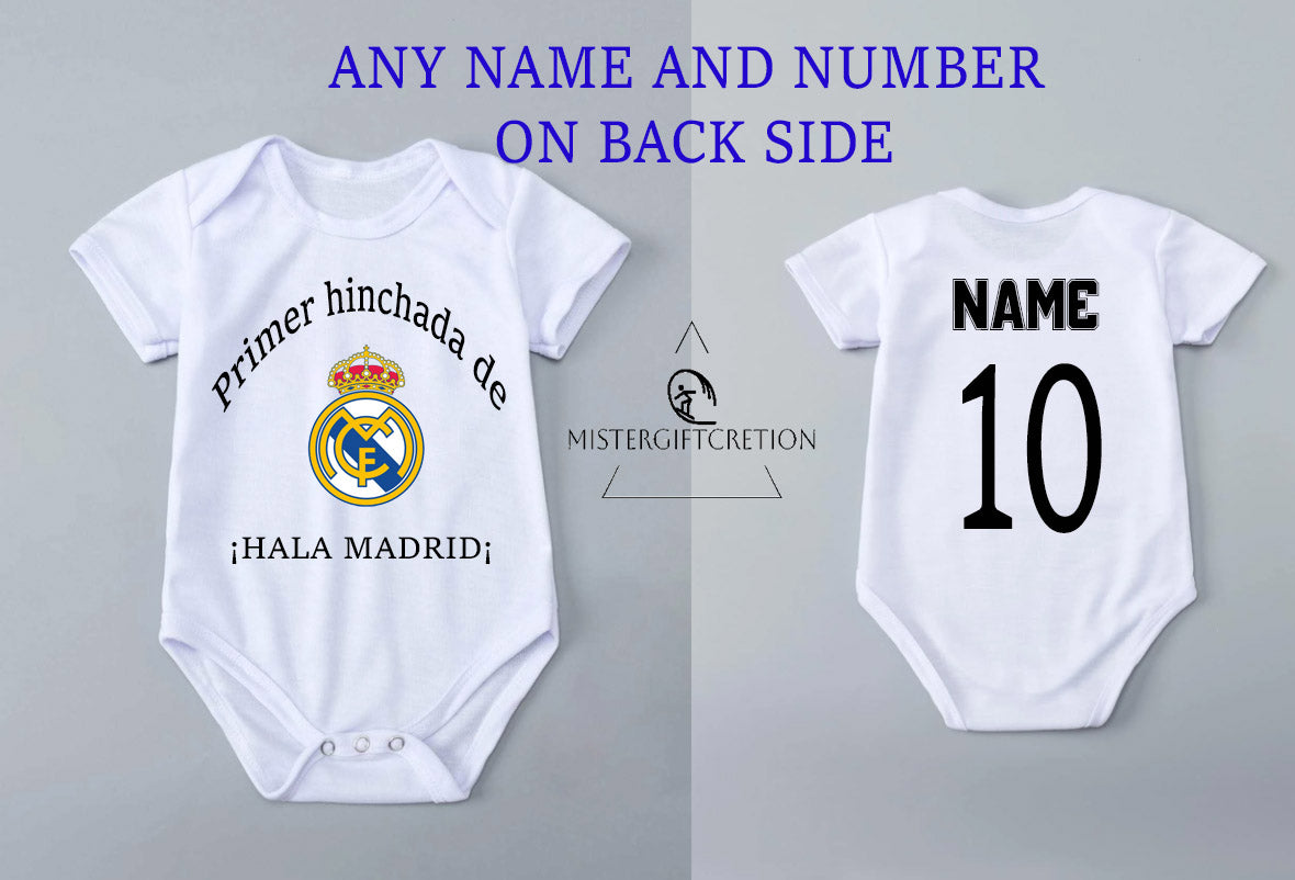 real Madrid body del bebe, primera hincha de real Madrid , con nombre y numero del bebe