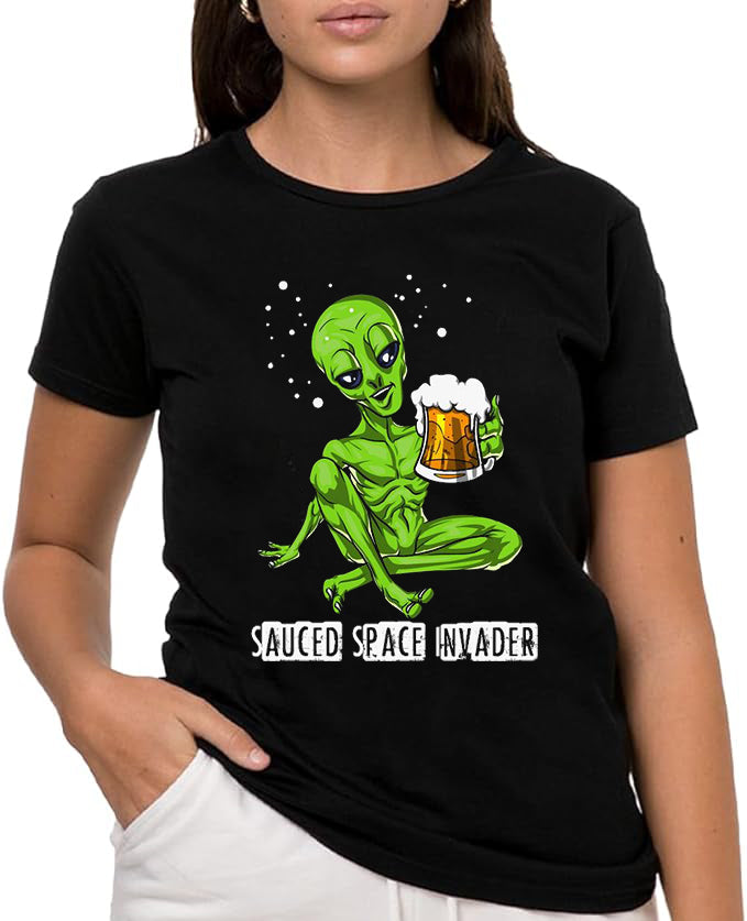 Sauced Space Invader Camiseta de Manga Corta, 100% Algodón, Ropa Unisex para Hombres y Mujeres en 7 Tallas, Camiseta Negra, Modelo Sauced Space Invader