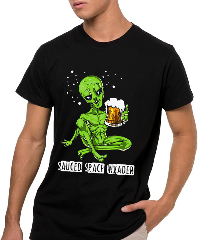 Sauced Space Invader Camiseta de Manga Corta, 100% Algodón, Ropa Unisex para Hombres y Mujeres en 7 Tallas, Camiseta Negra, Modelo Sauced Space Invader