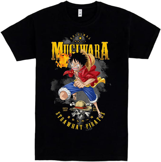 Camiseta de Manga Corta, 100% Algodón, Ropa Unisex para Hombres y Mujeres en 7 Tallas, Camiseta Negra, Modelo piratas, one pice